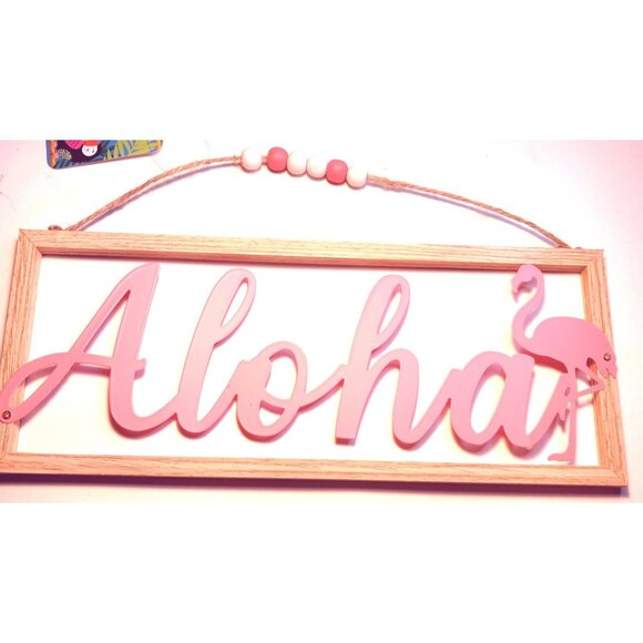 Aloha Flamingo Sign Hanging Wall Decor  Beaded String Pink White Beachy Coastal - Picture 1 of 6